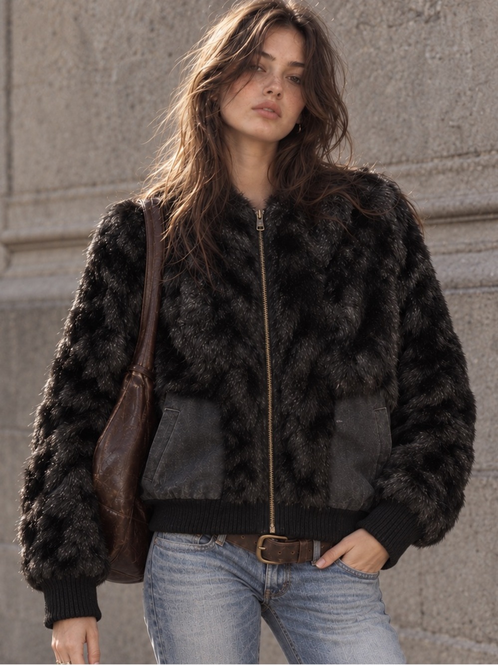Vintage Black Genuine Rabbit Fur Denim Coat Medium Y2K Boho Oversized Jacket